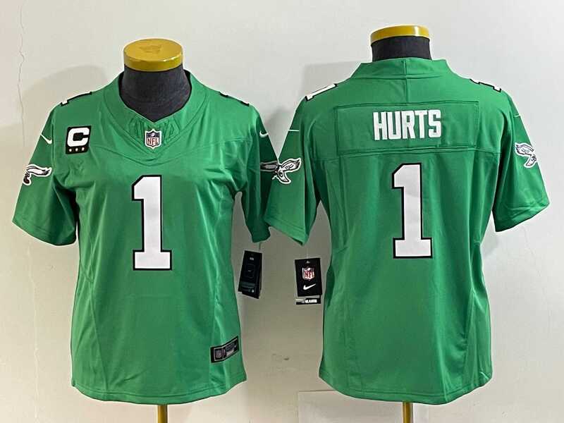 Womens Philadelphia Eagles #1 Jalen Hurts Green 2023 F.U.S.E. With C Patch Stitched Football Jersey(Run Small)->women nfl jersey->Women Jersey